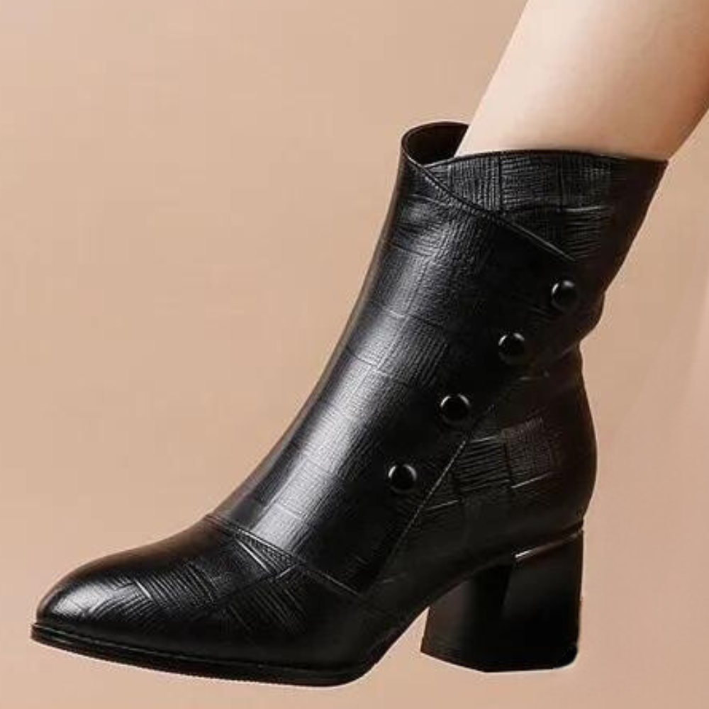 Street-wave Textured Faux Leather Ankle Boots With Block Heel And Side Buttons For Women