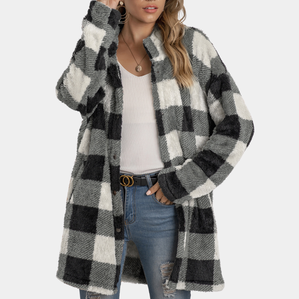 Kahlia Checkered Faux Fur Winter Coat For Women Warm Cozy Luxury Winter Essential Style