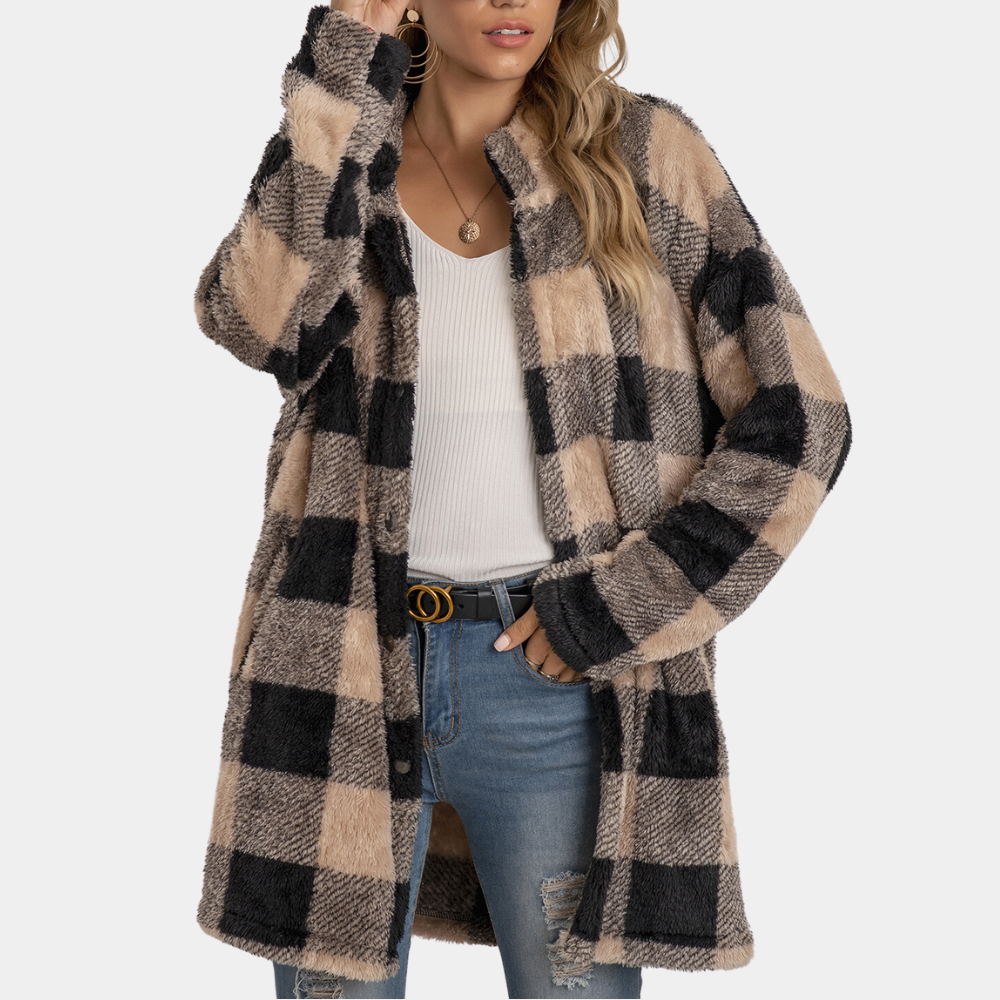Kahlia Checkered Faux Fur Winter Coat For Women Warm Cozy Luxury Winter Essential Style