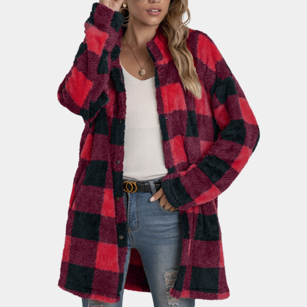 Kahlia Checkered Faux Fur Winter Coat For Women Warm Cozy Luxury Winter Essential Style