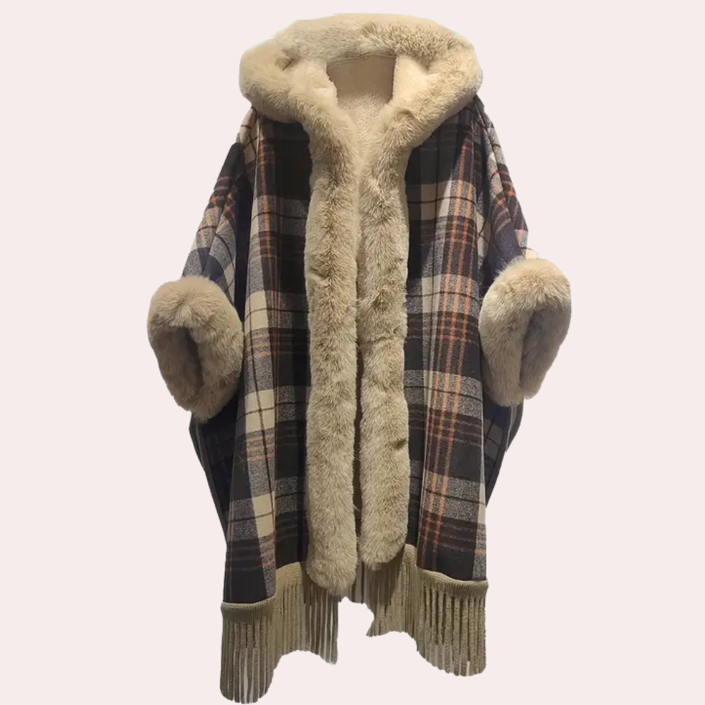 Street-wave Luxurious Plaid Poncho Jacket With Hood Faux Fur Trim Fringe Hem For Women