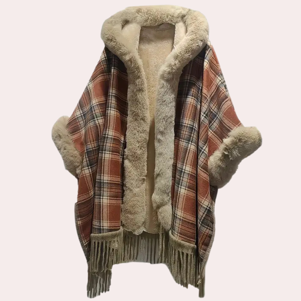 Street-wave Luxurious Plaid Poncho Jacket With Hood Faux Fur Trim Fringe Hem For Women