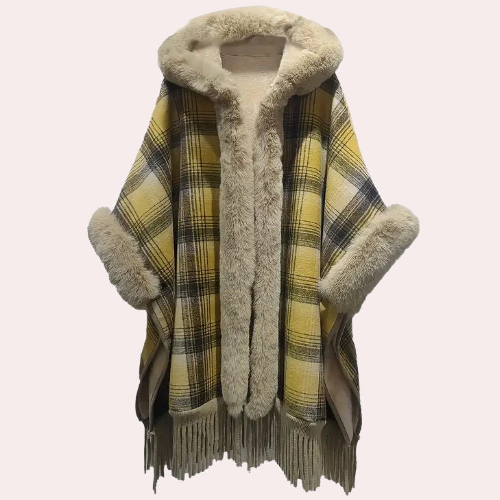 Street-wave Luxurious Plaid Poncho Jacket With Hood Faux Fur Trim Fringe Hem For Women