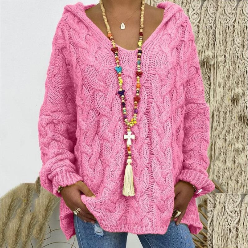 Street-wave Knitted Hoodie With V-Neck Cozy Cable Knit Sweatshirt For Women Elegant Casual Look