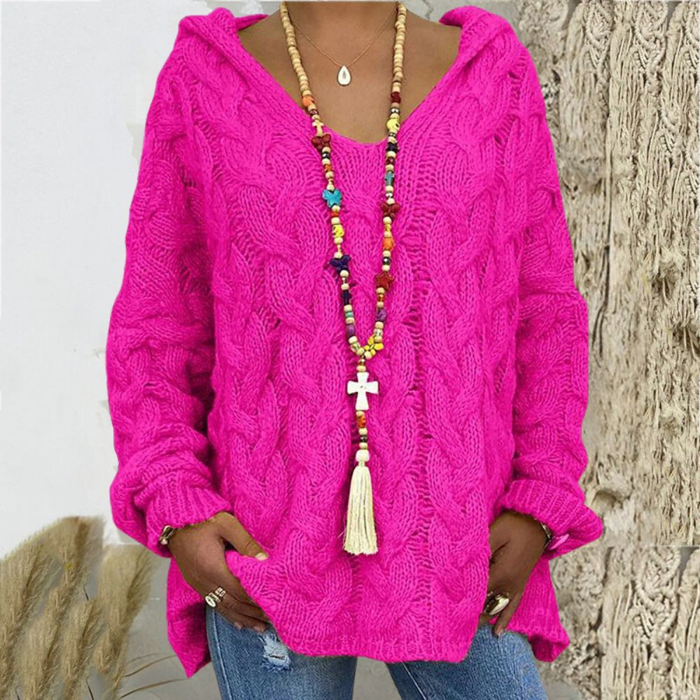 Street-wave Knitted Hoodie With V-Neck Cozy Cable Knit Sweatshirt For Women Elegant Casual Look