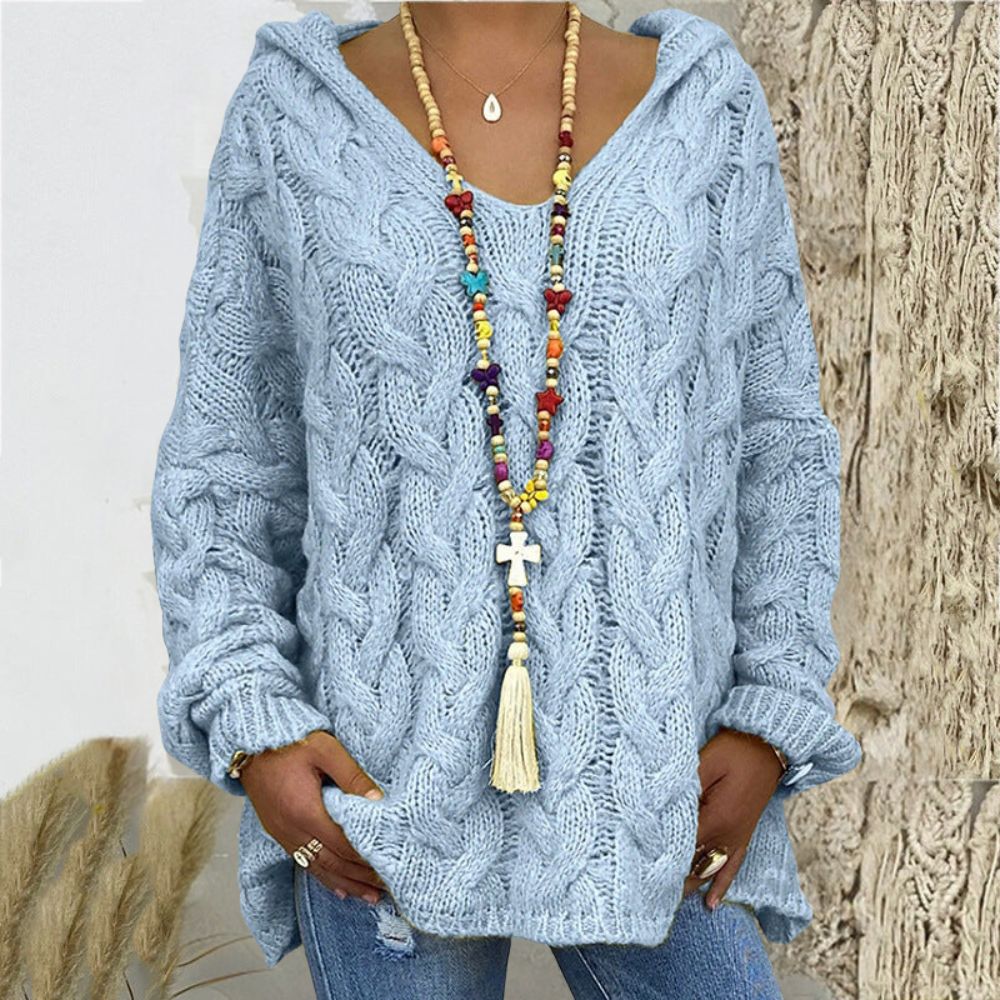 Street-wave Knitted Hoodie With V-Neck Cozy Cable Knit Sweatshirt For Women Elegant Casual Look