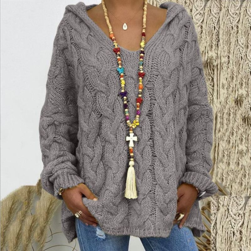 Street-wave Knitted Hoodie With V-Neck Cozy Cable Knit Sweatshirt For Women Elegant Casual Look