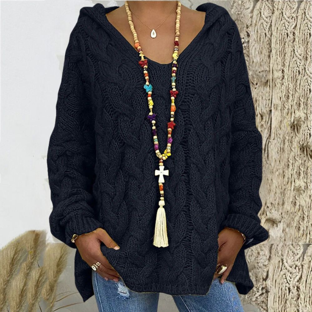 Street-wave Knitted Hoodie With V-Neck Cozy Cable Knit Sweatshirt For Women Elegant Casual Look