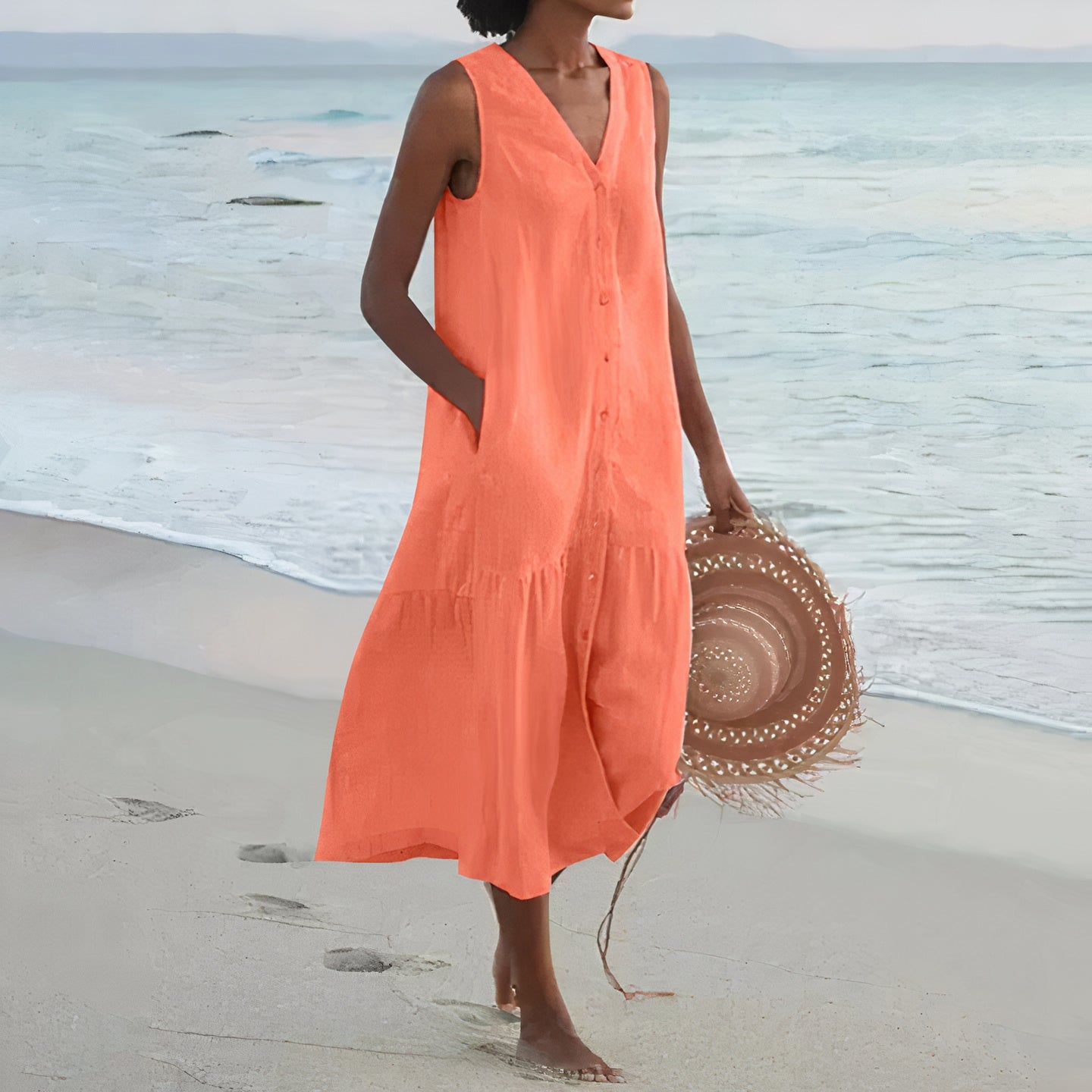Street Wave Linen Sleeveless Midi Dress For Women V Neck Button Front Airy Breathable Lightweight Summer
