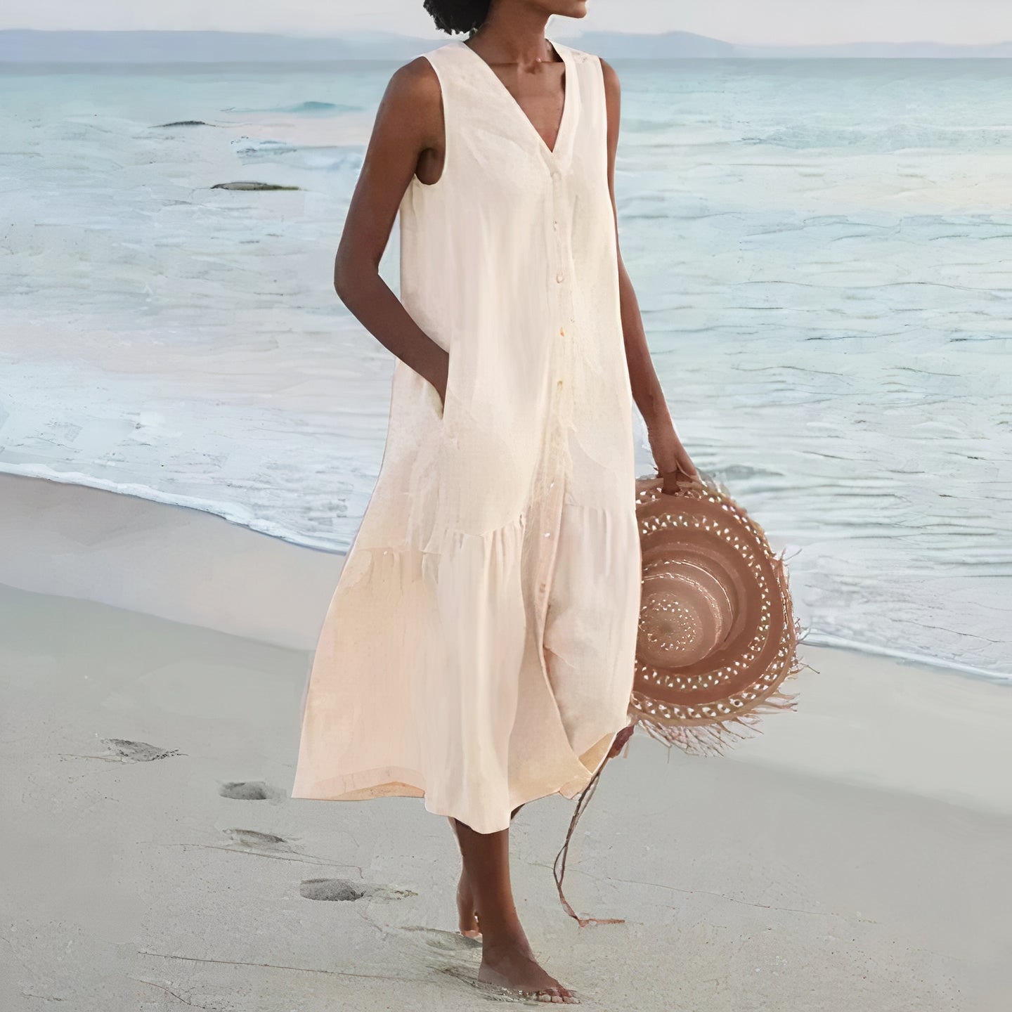Street Wave Linen Sleeveless Midi Dress For Women V Neck Button Front Airy Breathable Lightweight Summer