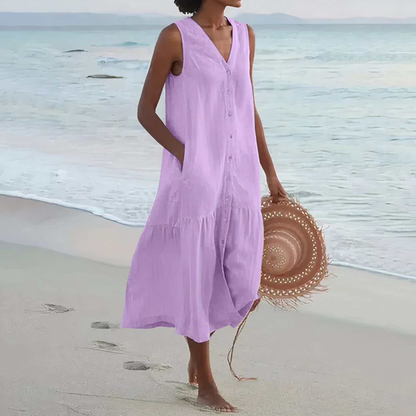 Street Wave Linen Sleeveless Midi Dress For Women V Neck Button Front Airy Breathable Lightweight Summer
