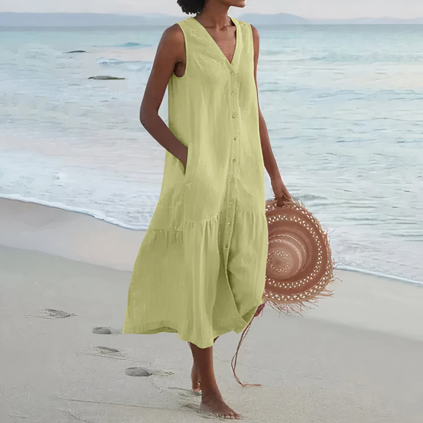 Street Wave Linen Sleeveless Midi Dress For Women V Neck Button Front Airy Breathable Lightweight Summer