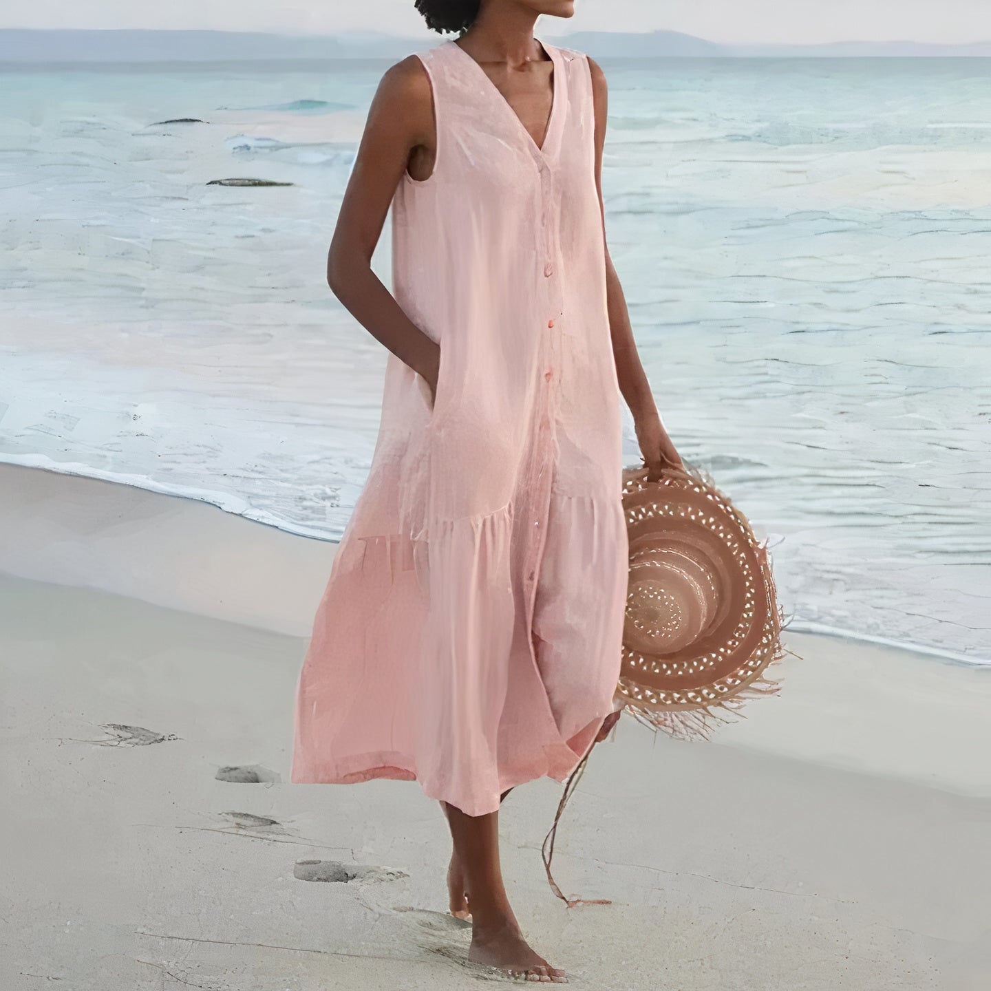 Street Wave Linen Sleeveless Midi Dress For Women V Neck Button Front Airy Breathable Lightweight Summer