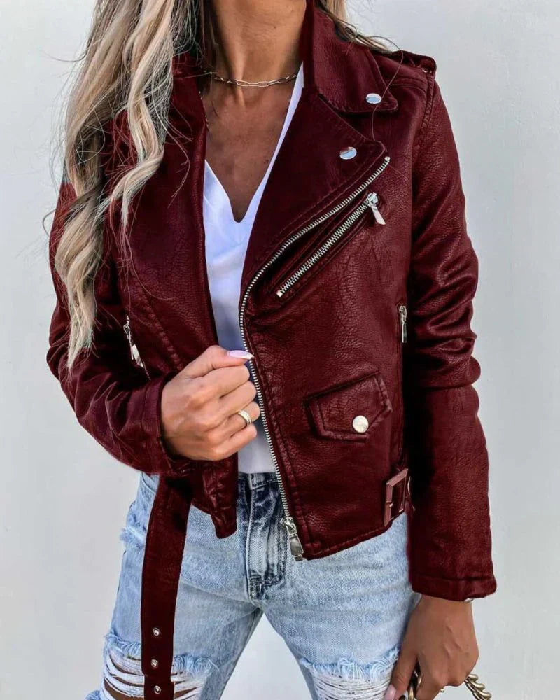 Street-wave Women Leather Biker Jacket Warm Durable Style with Zippers and Belt For Everyday Wear