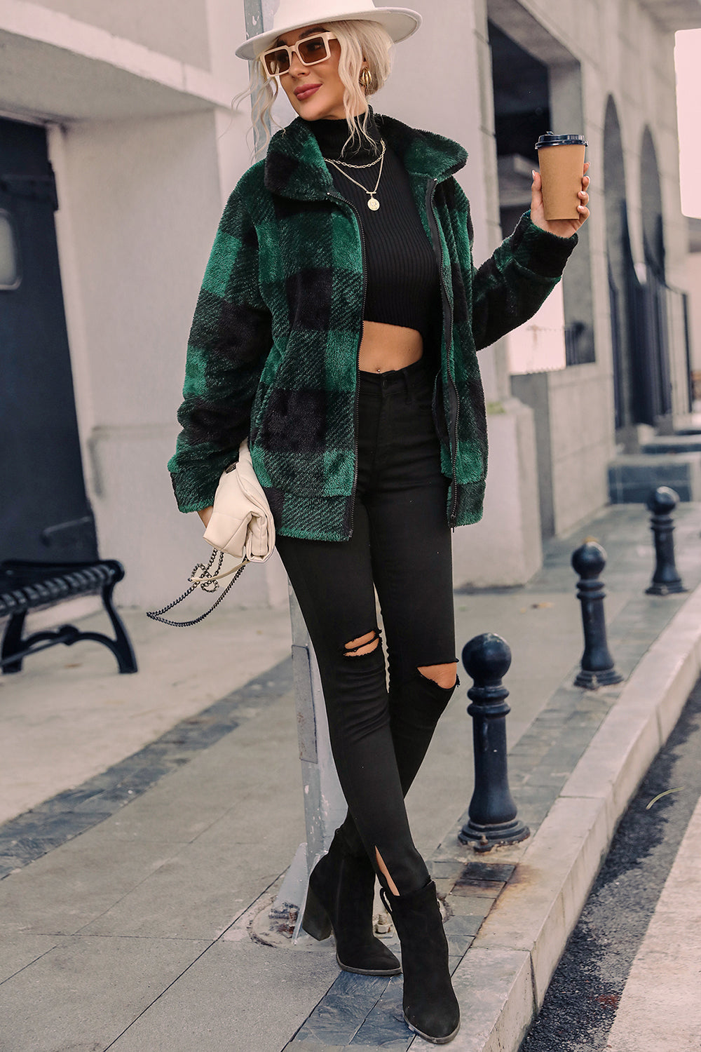 Street Wave Cozy Plaid Faux Fur Jacket With Zip Soft Warmth Loose Fit For Women Everyday