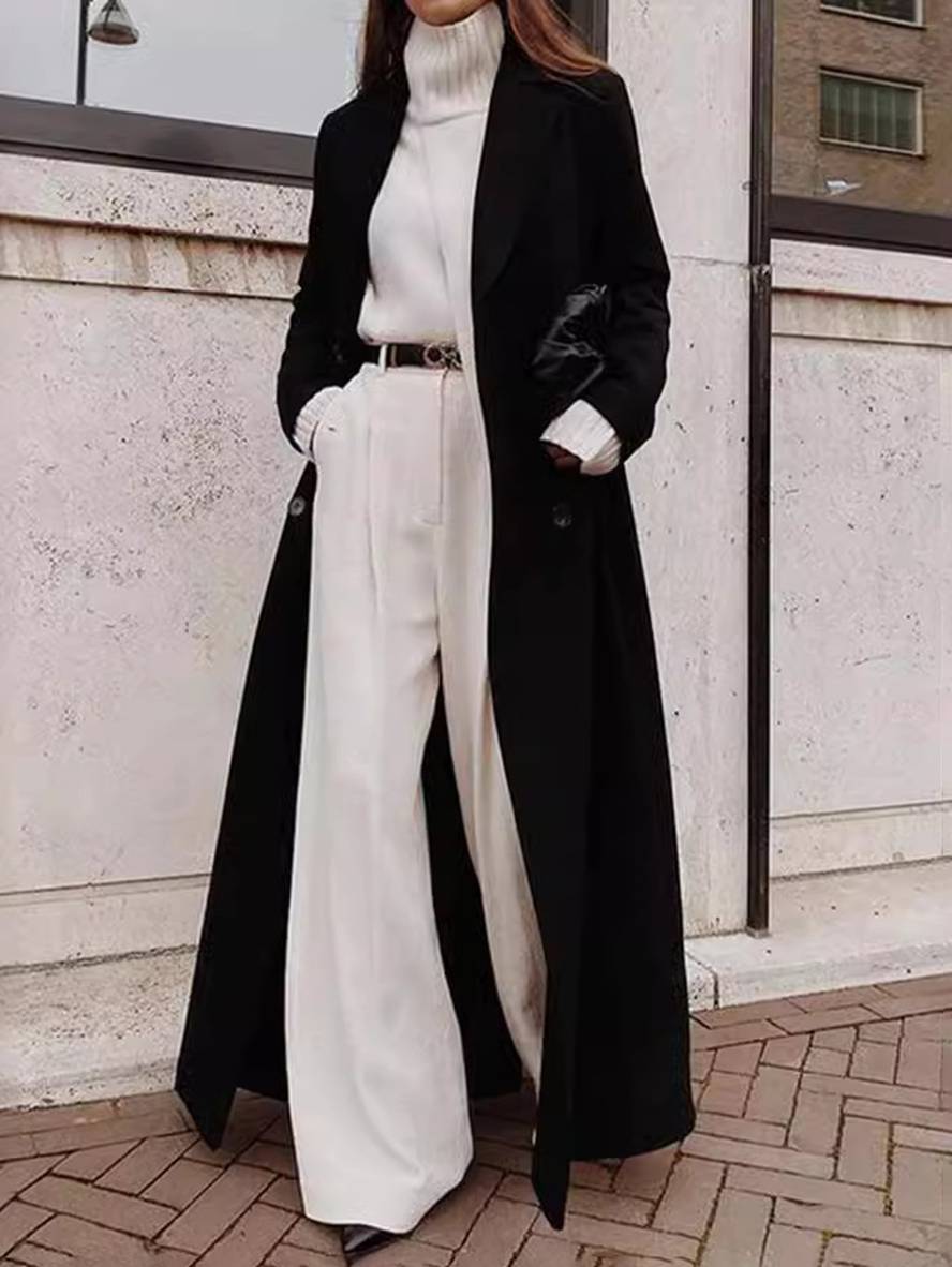 Street-wave Black Overcoat For Women With Spacious Pockets And Double Button Closure