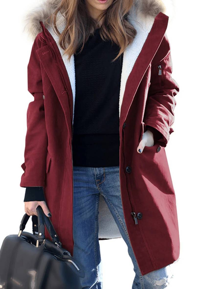 Street-wave Parka Jacket With Faux Fur Hood For Women Warm Winter Coat With Cozy Fleece