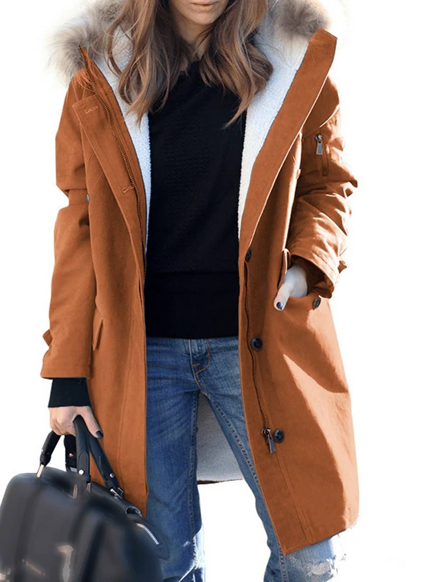 Street-wave Parka Jacket With Faux Fur Hood For Women Warm Winter Coat With Cozy Fleece
