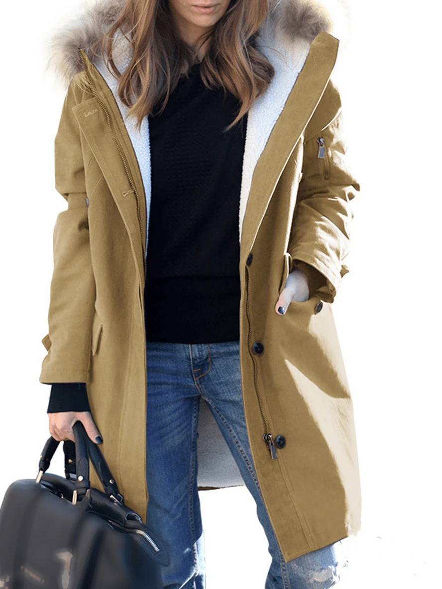 Street-wave Parka Jacket With Faux Fur Hood For Women Warm Winter Coat With Cozy Fleece