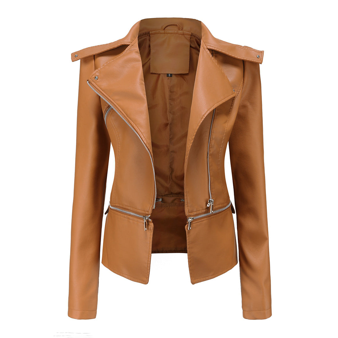 Street-wave Slim Fit Biker Jacket For Women Sleek Modern Edgy Look With Bold Zipper Details