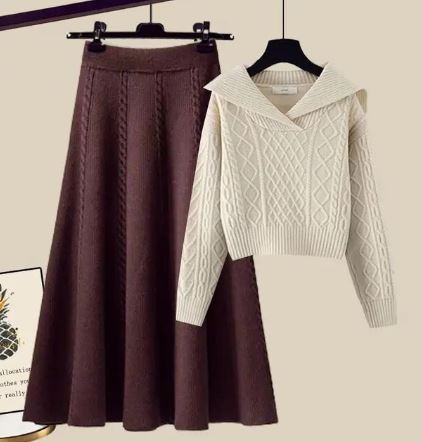 Street-Wave Knitted Sweater And Skirt Set For Women Cozy Soft Knit Versatile Two Piece Outfit