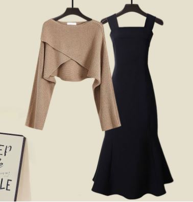 Street-Wave Women's Cross-Knit Sweater And Fishtail Dress Set Premium Warm Two-Piece Ensemble