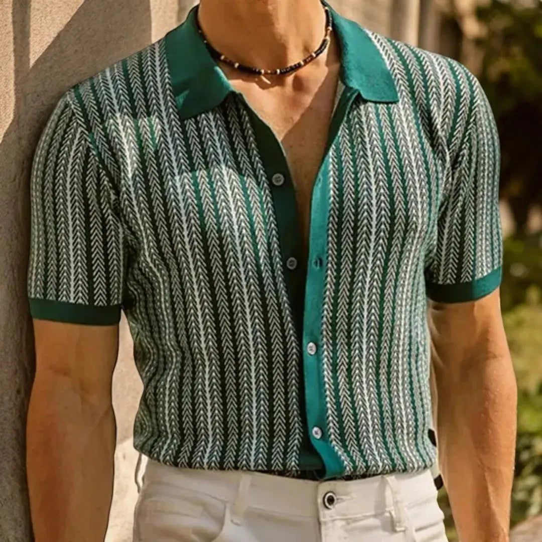 Carlo Mancini Button Down Polo Shirt Slim Fit Breathable Organic Cotton Herringbone Pattern For Office And Night Out