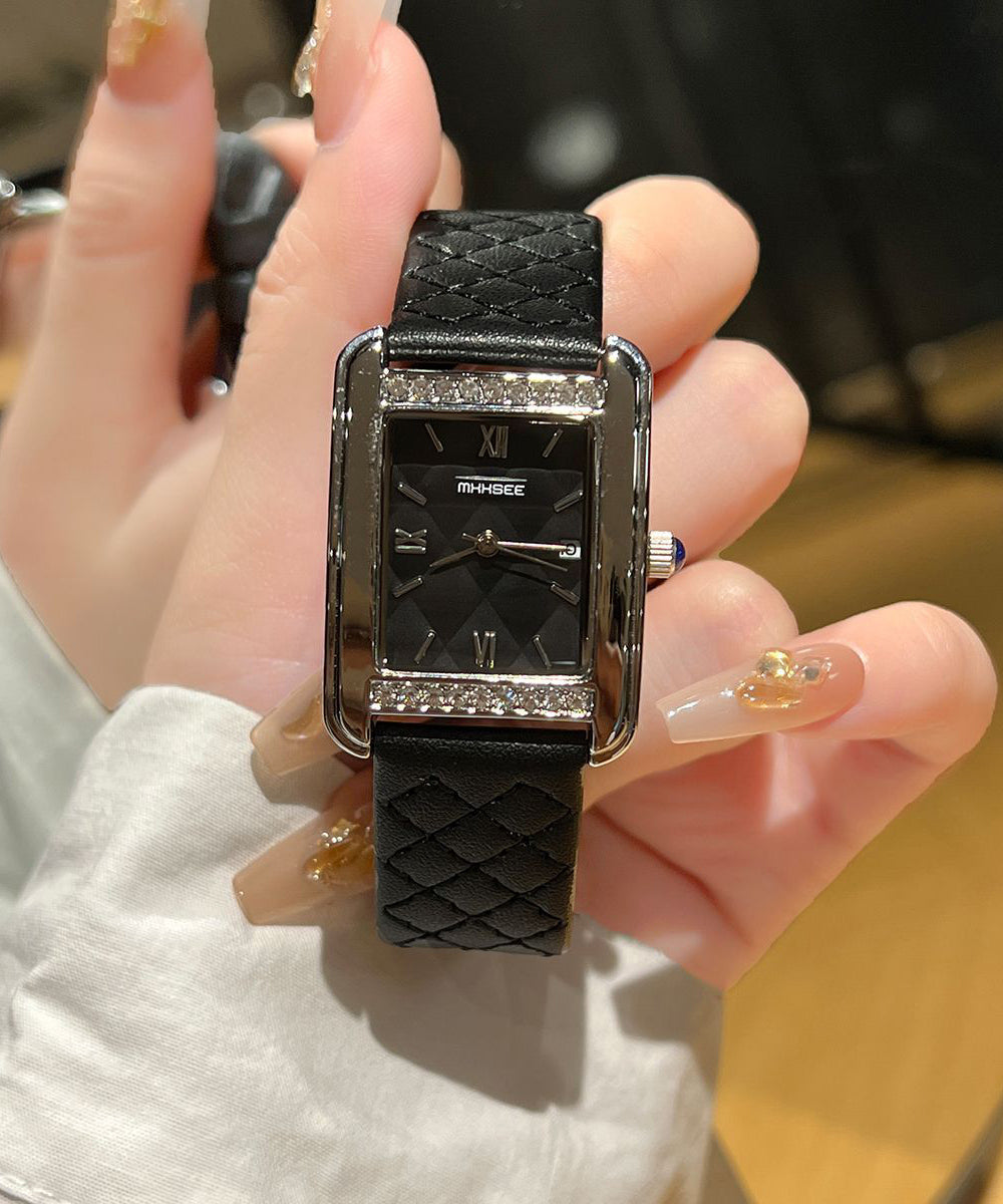 Montres décontractées en cuir noir et verre renforcé de zircon à mouvement à quartz - Street-Wave