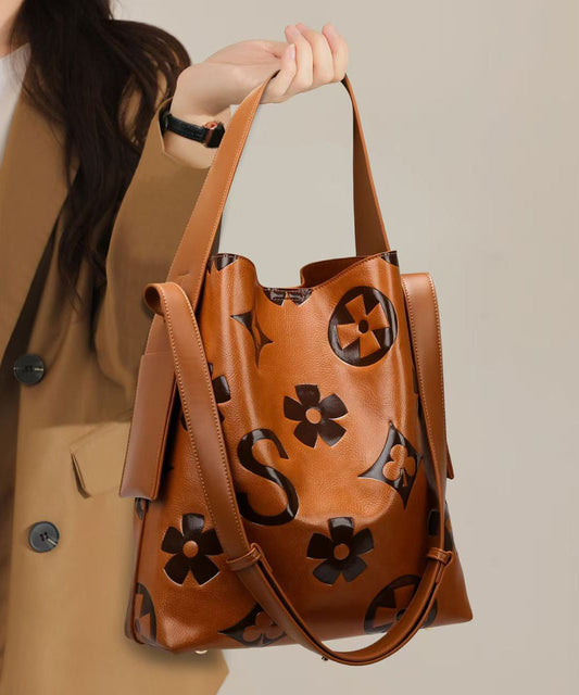 Sac seau décontracté en cuir de veau marron gaufré de grande capacité - Street-Wave