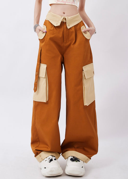 Pantalon décontracté en coton marron avec poches patchwork, printemps - Street-Wave