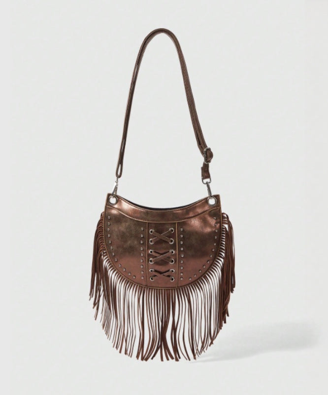 Sac messager décontracté en similicuir marron à rivets et pompons - Street-Wave