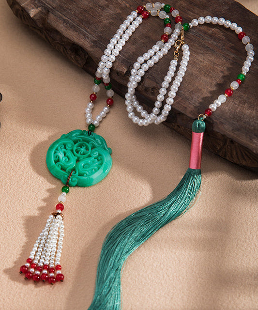 Collier décontracté avec pendentif pompon en perles de jade et alliage vert - Street-Wave
