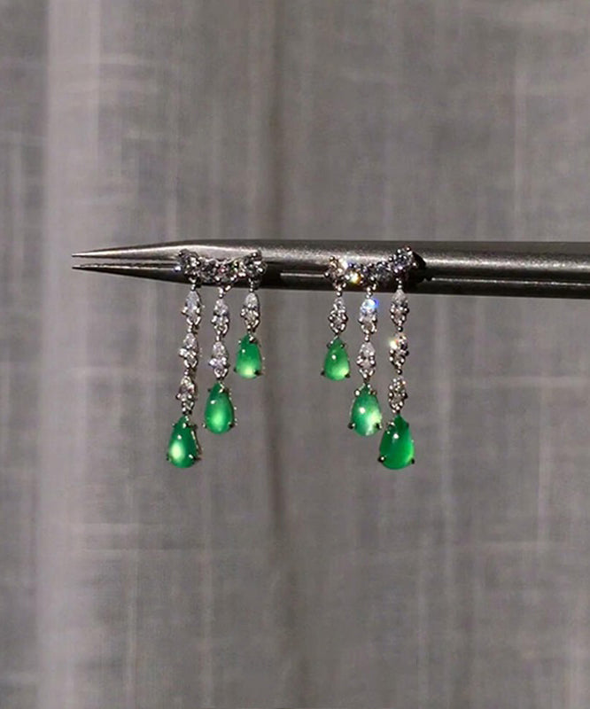 Boucles d'oreilles pendantes décontractées en argent sterling vert avec calcédoine et pampilles en forme de goutte d'eau - Street-Wave