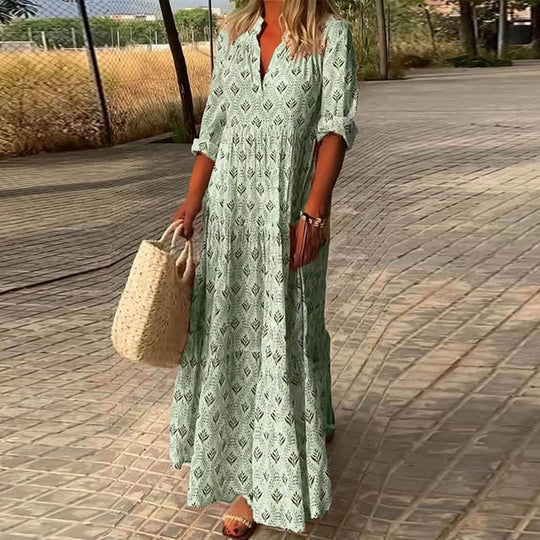 Street Wave Boho Maxi Dress For Women Flowing Lightweight Fabric With V Neck Three Quarter Sleeves And Tiered Skirt