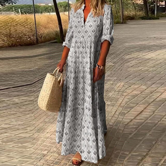 Street Wave Boho Maxi Dress For Women Flowing Lightweight Fabric With V Neck Three Quarter Sleeves And Tiered Skirt
