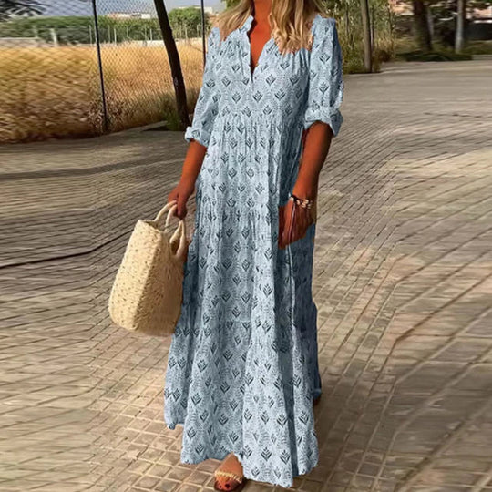 Street Wave Boho Maxi Dress For Women Flowing Lightweight Fabric With V Neck Three Quarter Sleeves And Tiered Skirt