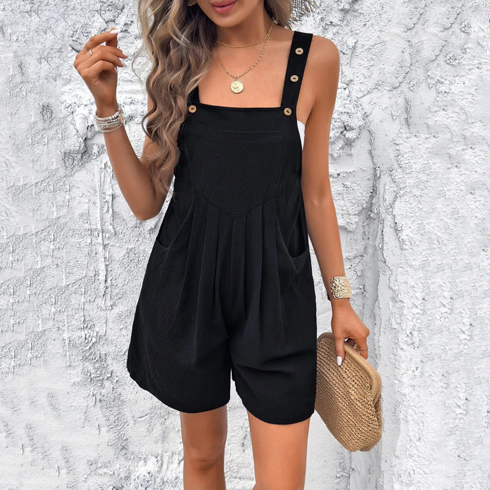 Street-Wave Women's Pinafore Dress Loose Fit Button Straps Pockets