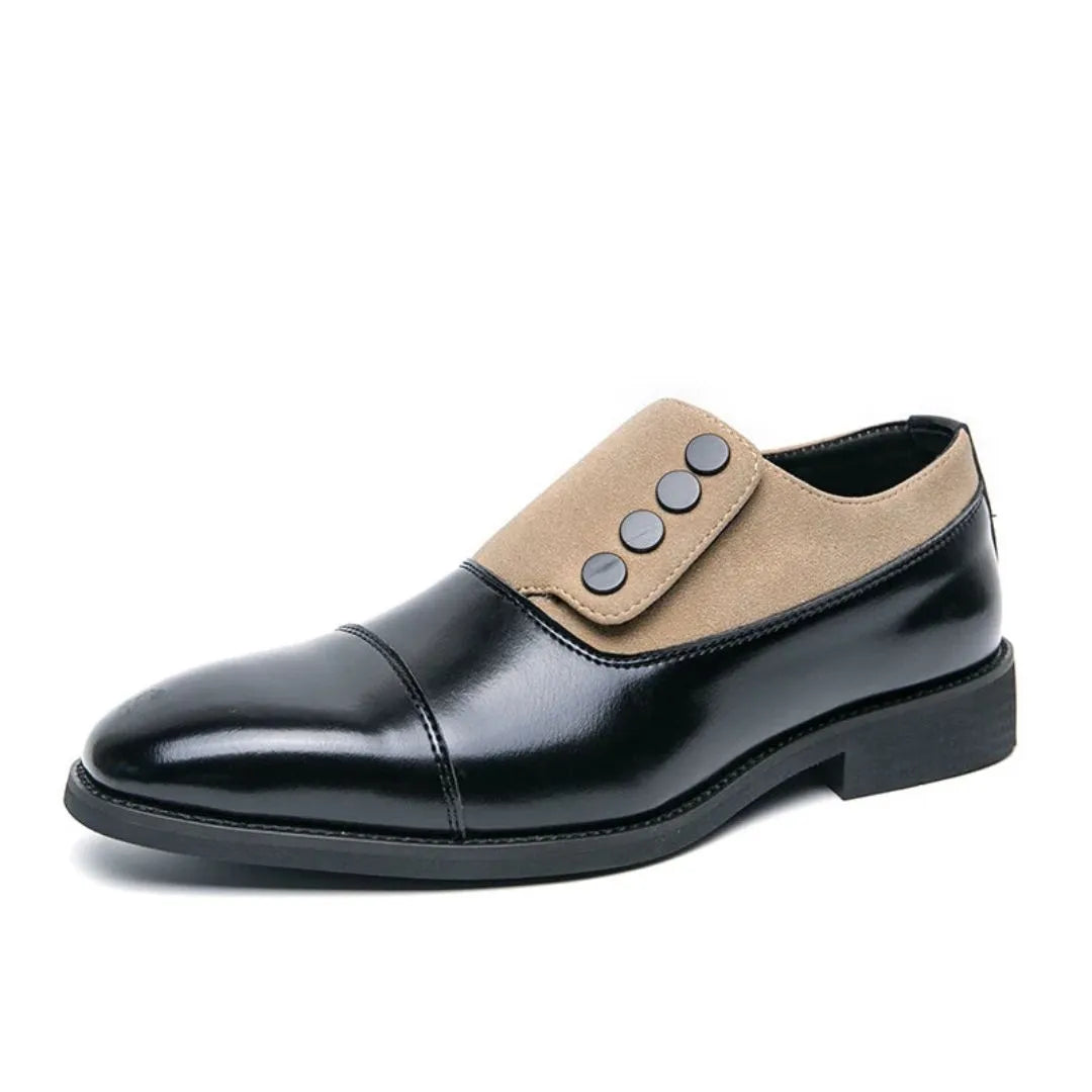 Cedric Two-Tone Oxford Shoes for Men by Street-Wave Black Leather Cap Toe Slip-On with Leather-Lined Interior