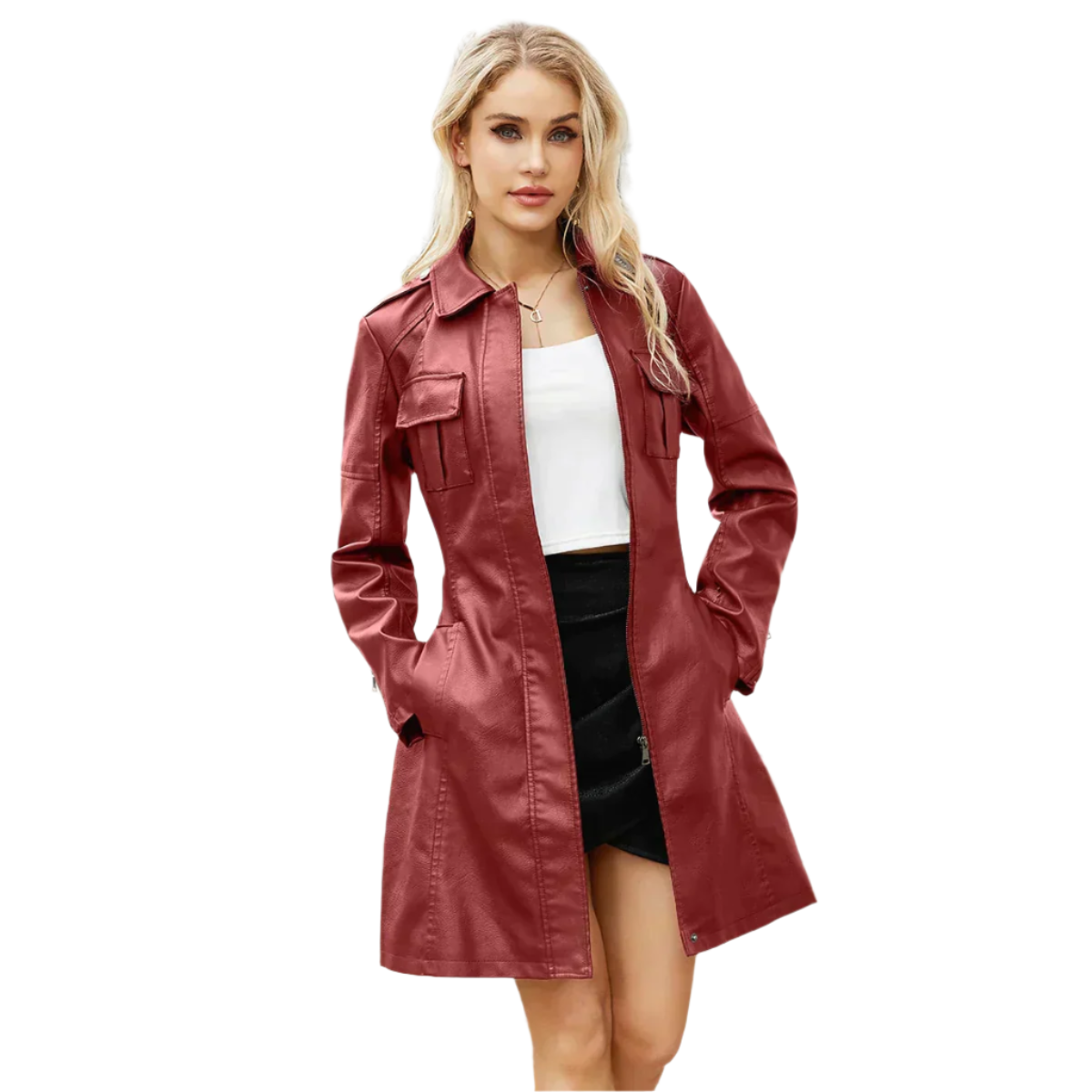 Street-Wave Womens Faux Leather Belted Coat With Pockets For A Timeless Chic Silhouette