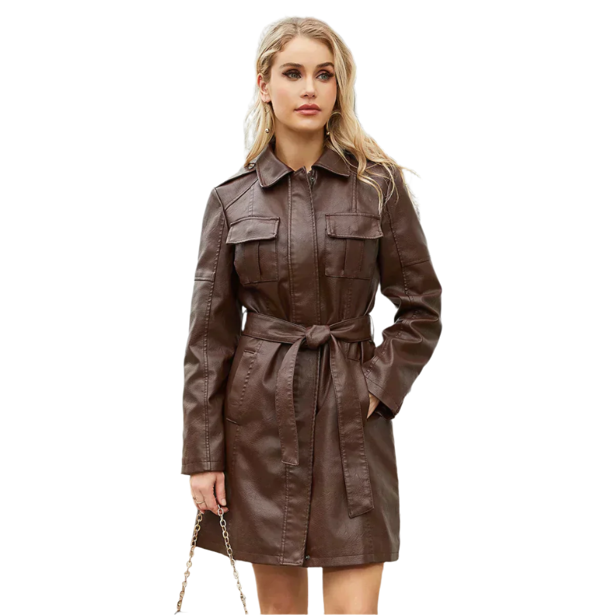 Street-Wave Womens Faux Leather Belted Coat With Pockets For A Timeless Chic Silhouette