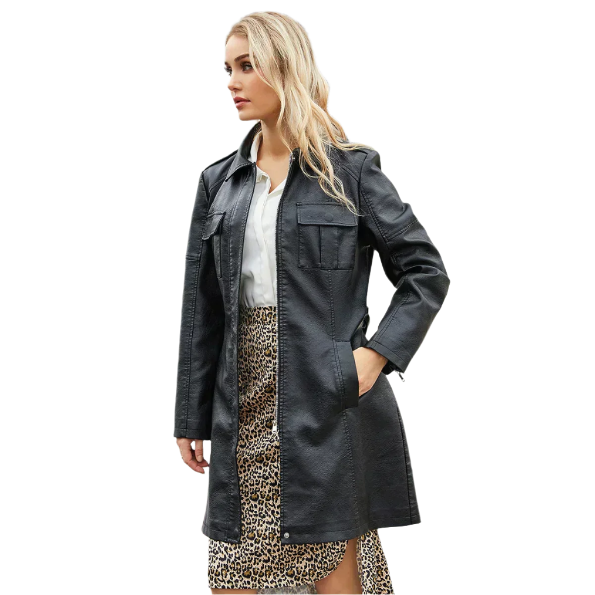 Street-Wave Womens Faux Leather Belted Coat With Pockets For A Timeless Chic Silhouette