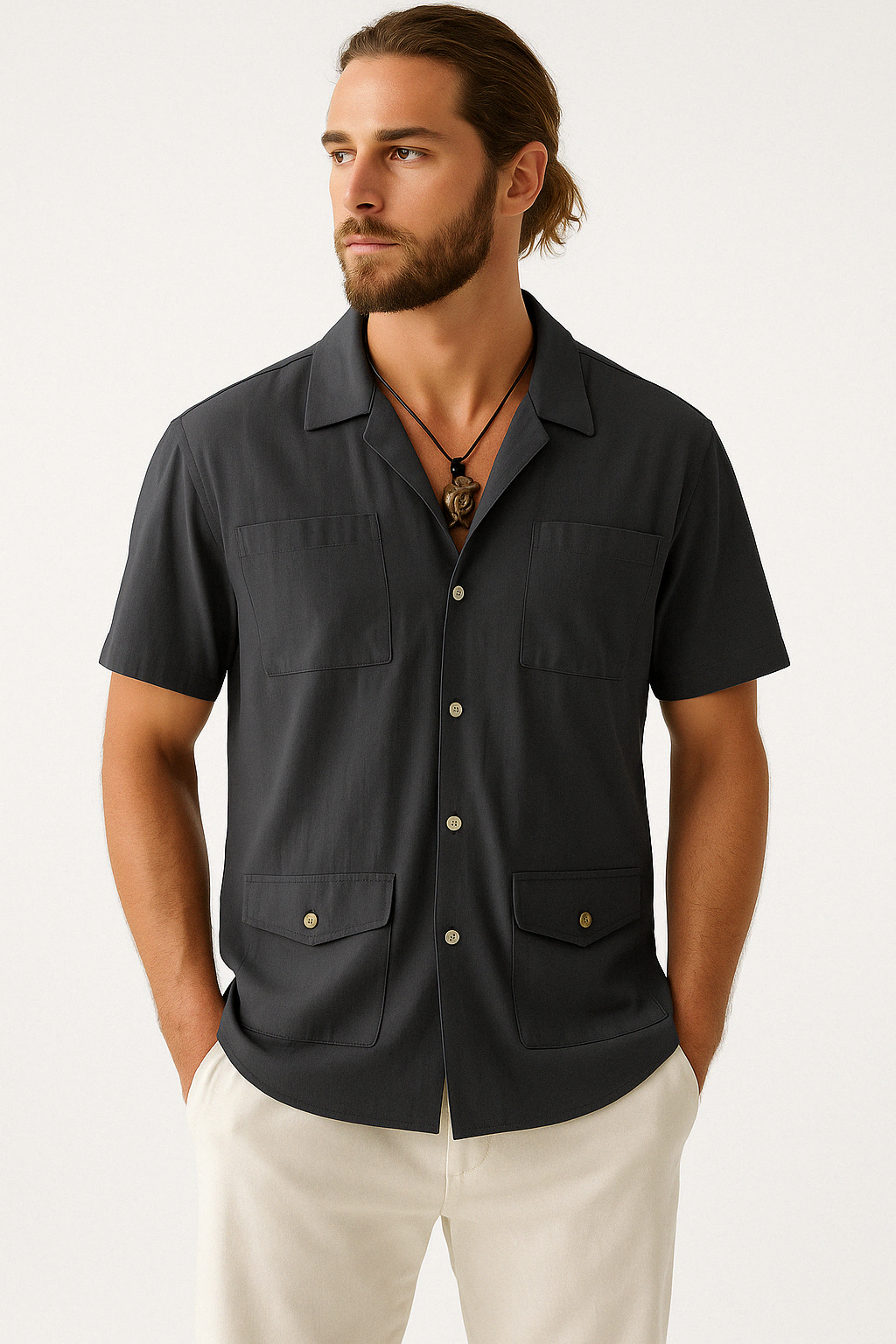 Street-Wave Men's Short Sleeve Shirt Cotton Linen Blend With Revere Collar Nordic Flair Four Pockets Relaxed Fit