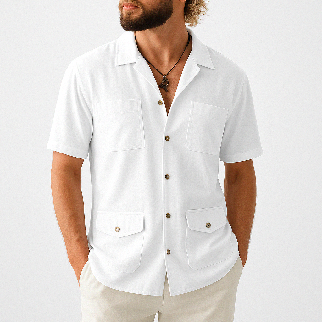 Street-Wave Men's Short Sleeve Shirt Cotton Linen Blend With Revere Collar Nordic Flair Four Pockets Relaxed Fit