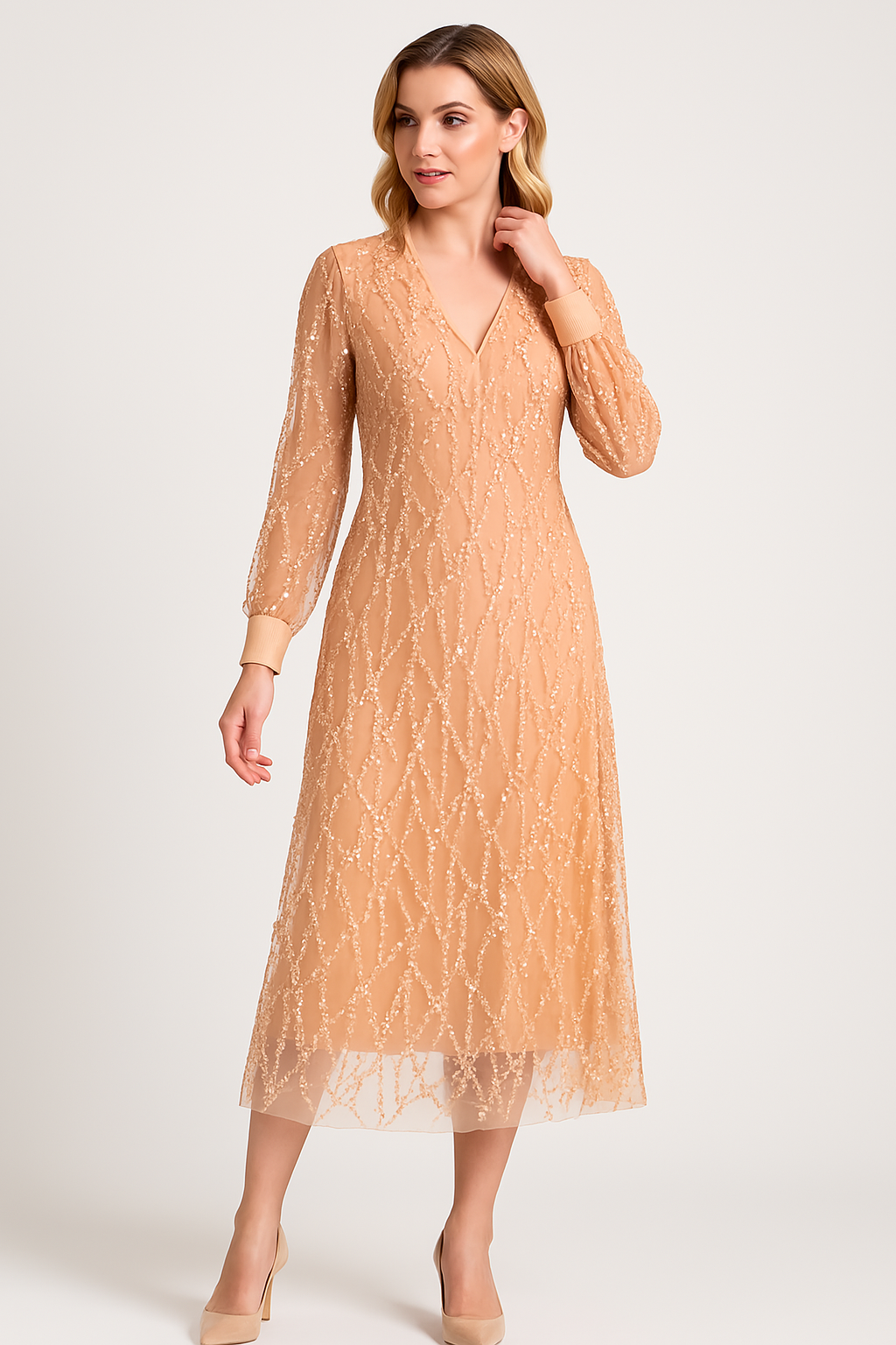 Street-Wave Sequin Maxi Dress For Women V-Neck Long Sleeves Elegant A-Line