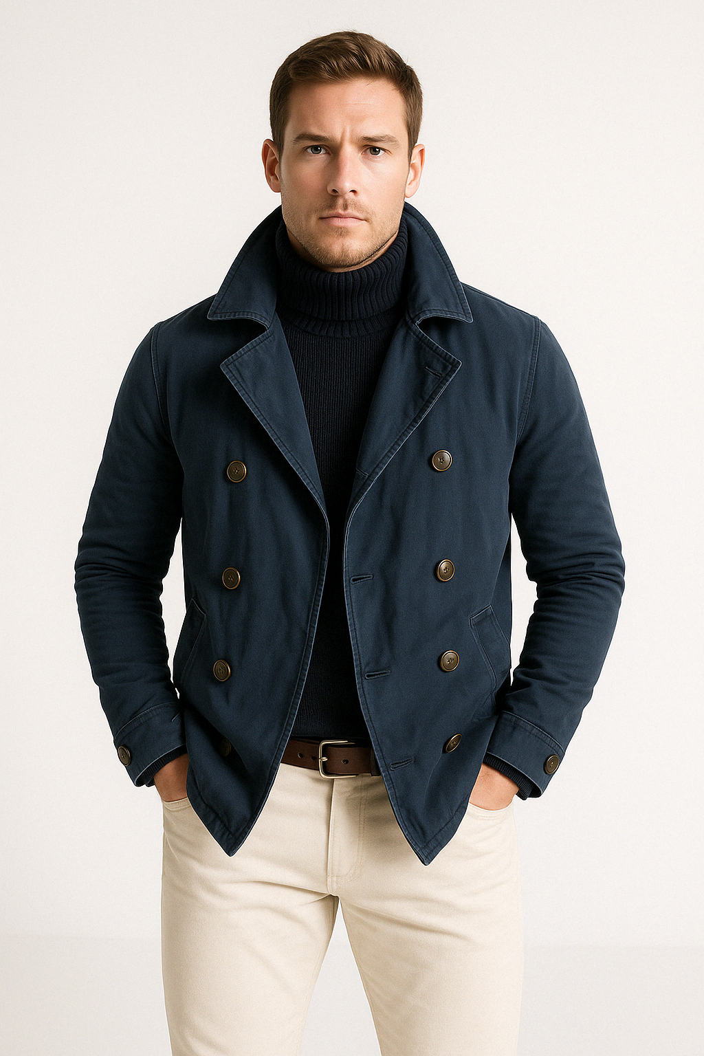 Men's Heavy Cotton Jacket Slim Fit Double Breasted High Collar Mid Length By Street-Wave Nordic Style