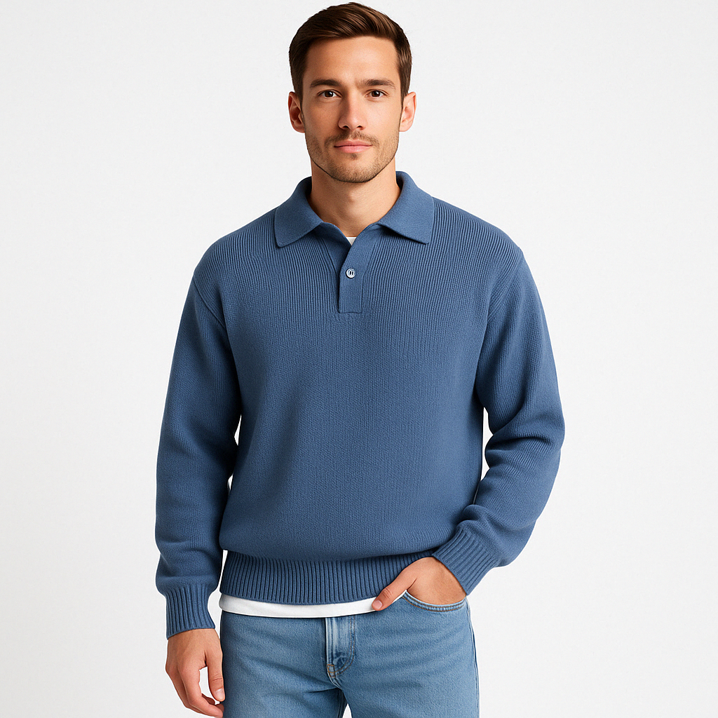 Men's Wool Polo Sweater Relaxed Fit With Button Closure And Ribbed Edges Knitwear