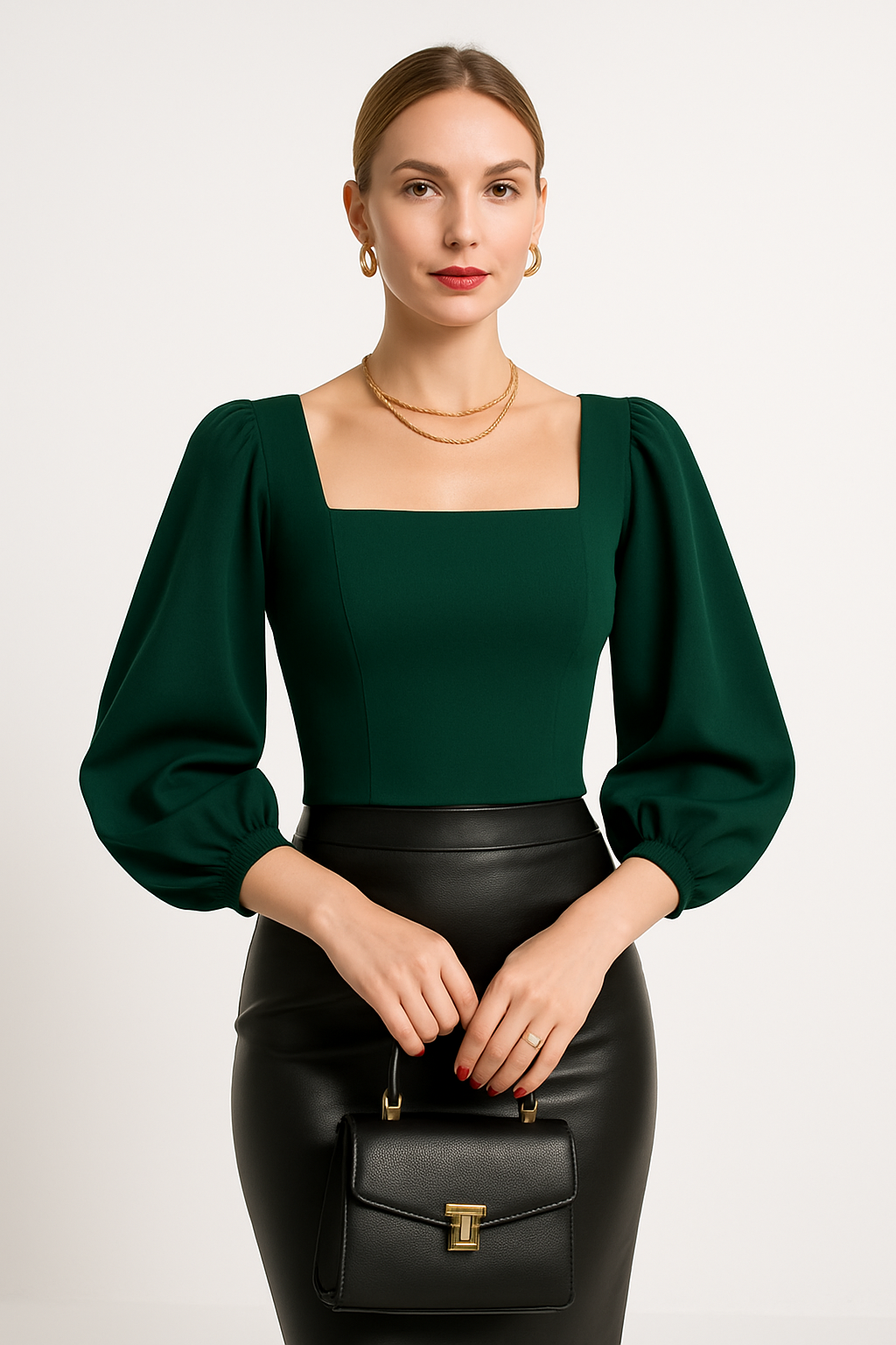 Street-Wave Women Long-Sleeved Top Square Neck Puff Sleeves