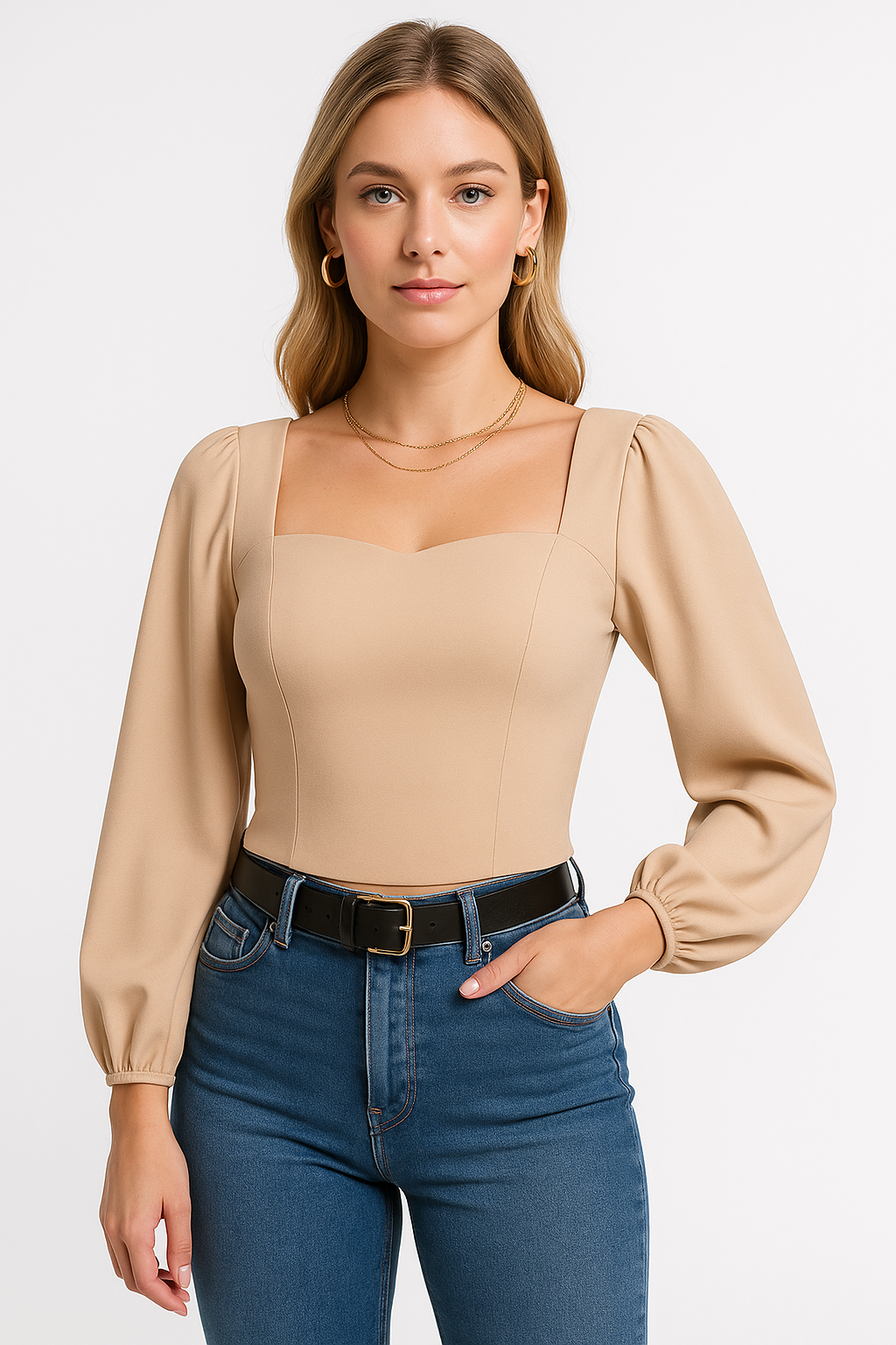 Street-Wave Women Long-Sleeved Top Square Neck Puff Sleeves