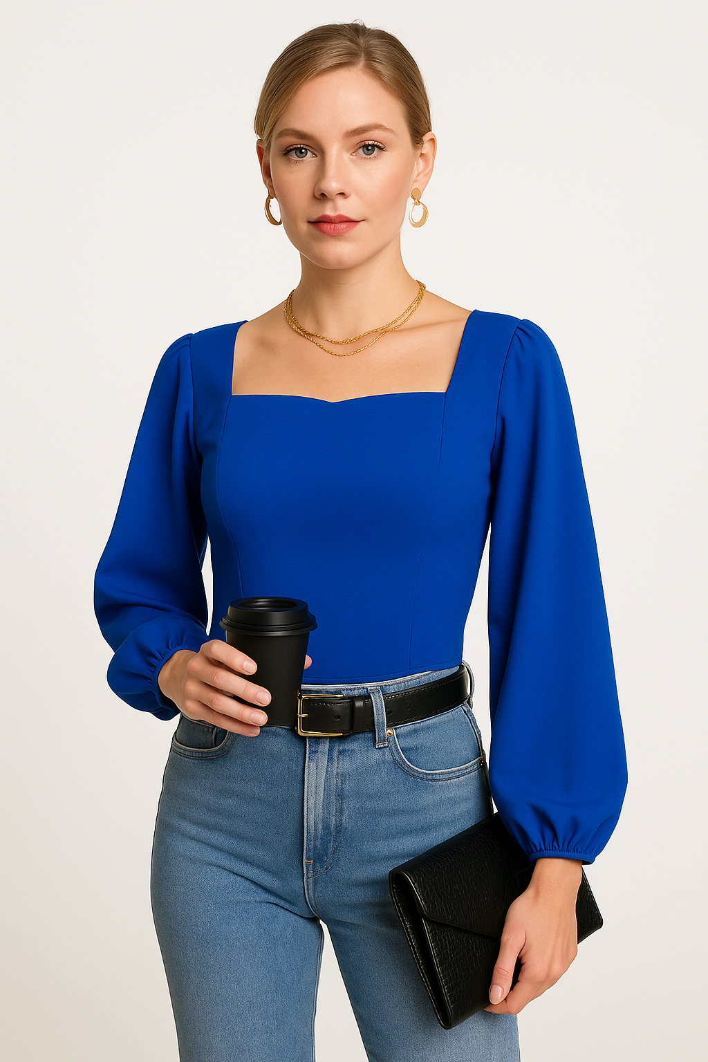 Street-Wave Women Long-Sleeved Top Square Neck Puff Sleeves