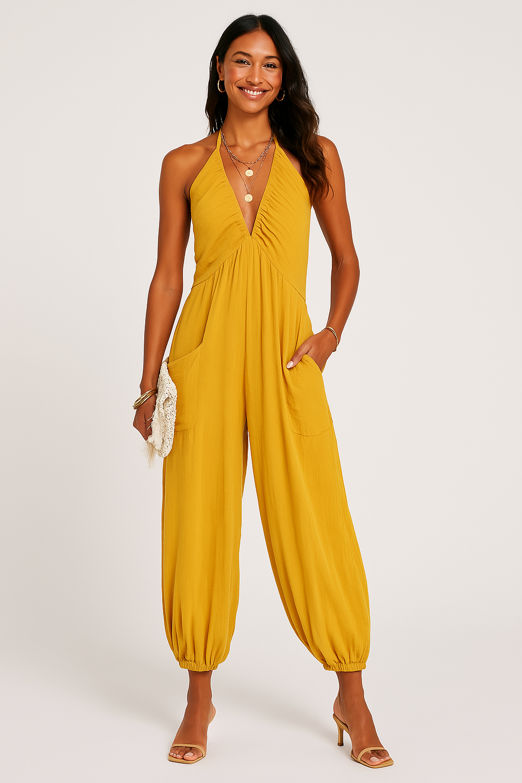 Street-Wave Women Halterneck Jumpsuit Deep V Chic Pockets